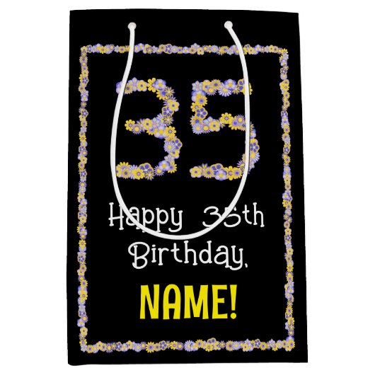 35e verjaardag: Floral Flowers Number, Custom Name Medium Cadeauzakje (Voorkant)
