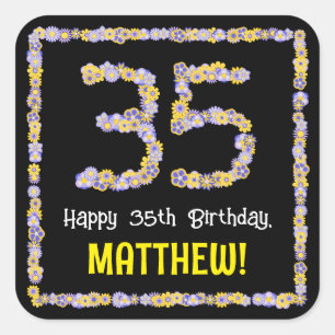 35e verjaardag: Floral Flowers Number, Custom Name Vierkante Sticker