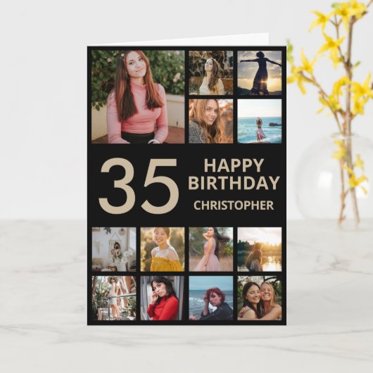 35e verjaardag Foto Collage 13 Foto's Black & Gold Kaart (Gele Bloem)