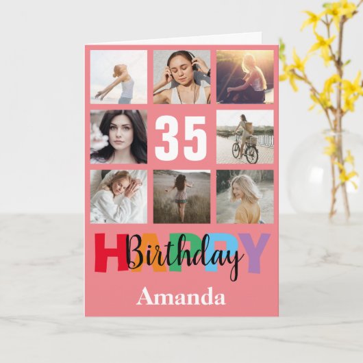 35e verjaardag Foto Collage Modern Roze Kaart (Gele Bloem)