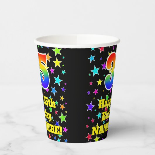 35e verjaardag: Fun Stars Pattern en Rainbow 35 Papieren Bekers (Links)