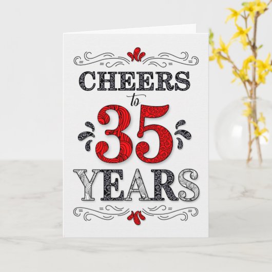 35e verjaardag gejuich in rood wit zwart patroon kaart (Gele Bloem)