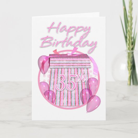 35e verjaardag geschenkdoos - Roze - Happy Birthda Kaart (Voorkant)