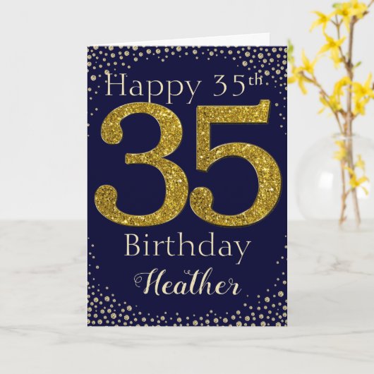 35e verjaardag Golden Glitter Kaart (Gele Bloem)