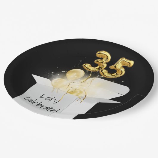 35e verjaardag goudballonnen in witte doos papieren bordje (Gekanteld)