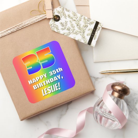 35e verjaardag: kleurrijk, vun regenboogpatroon #  vierkante sticker (Geschenken)