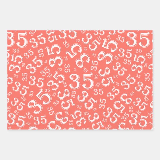 35e verjaardag Koraal/wit Random Number Patroon 35 Inpakpapier Vel (Voorkant)