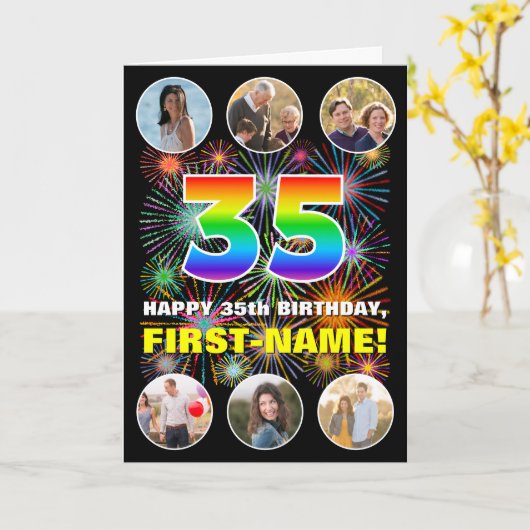 35e verjaardag: Leuke regenboog #, Aangepaste naam Kaart (Gele Bloem)