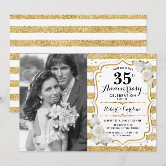 35e verjaardag met foto - Goud Wit Kaart (Voorkant / Achterkant)