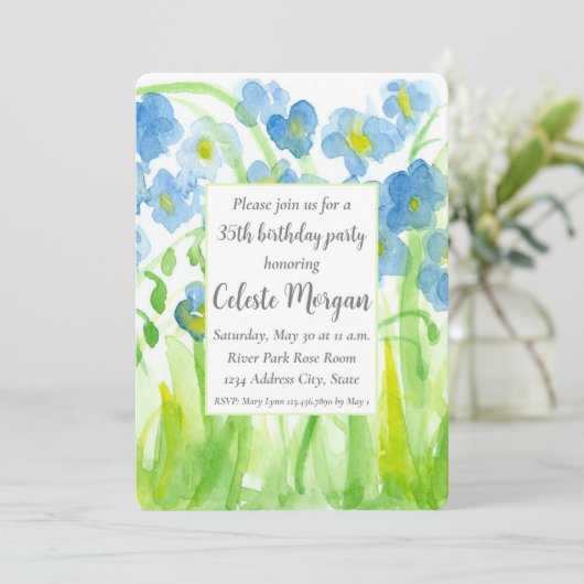 35e verjaardag Party uitnodiging Blauwe Wildbloeme (Staand voorkant)