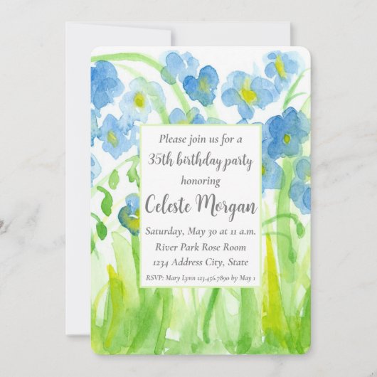 35e verjaardag Party uitnodiging Blauwe Wildbloeme (Voorkant)