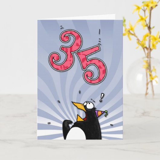35e verjaardag - Penguin Surprise Kaart (Gele Bloem)