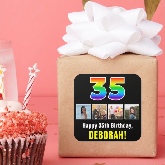 35e verjaardag: Regenboog "35"; Aangepaste Foto's  Vierkante Sticker (Feest)
