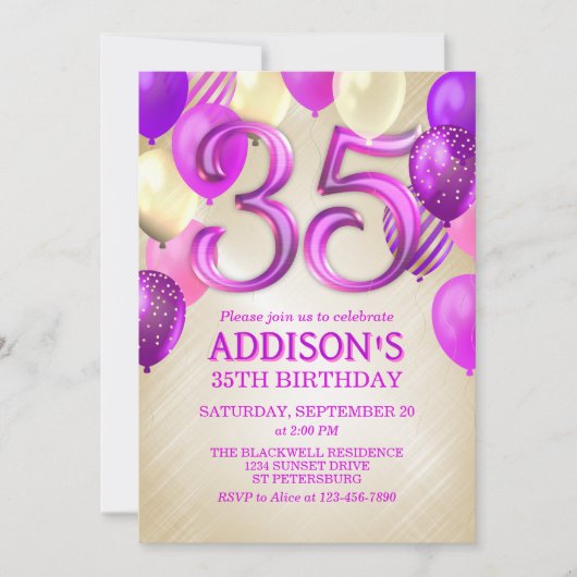 35e verjaardag roze ballonnen uitnodiging (Voorkant)