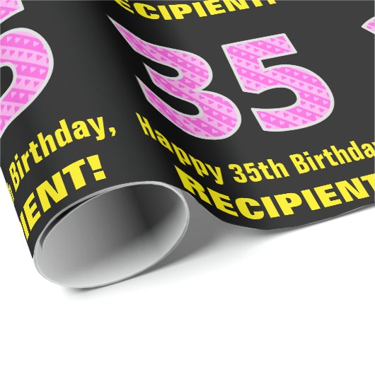 35e verjaardag: Roze strepen en hart "35" + naam Cadeaupapier (Rol Hoek)