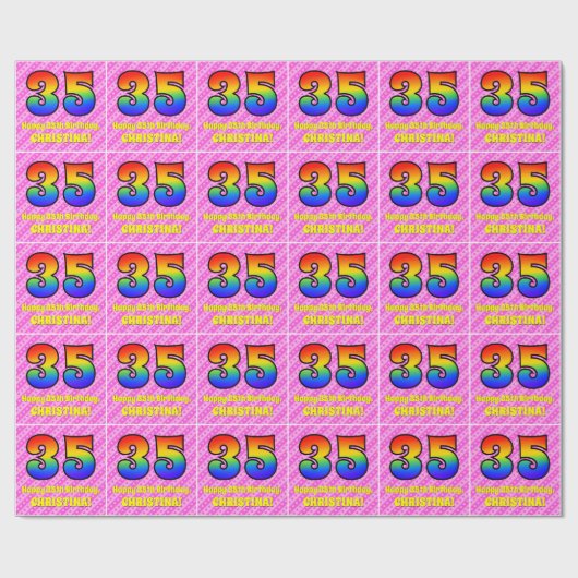 35e verjaardag: Roze strips & harten, regenboognr. Cadeaupapier (Vlak)