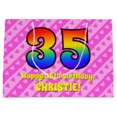 35e verjaardag: Roze strips & harten, regenboognr. Groot Cadeauzakje (Voorkant)