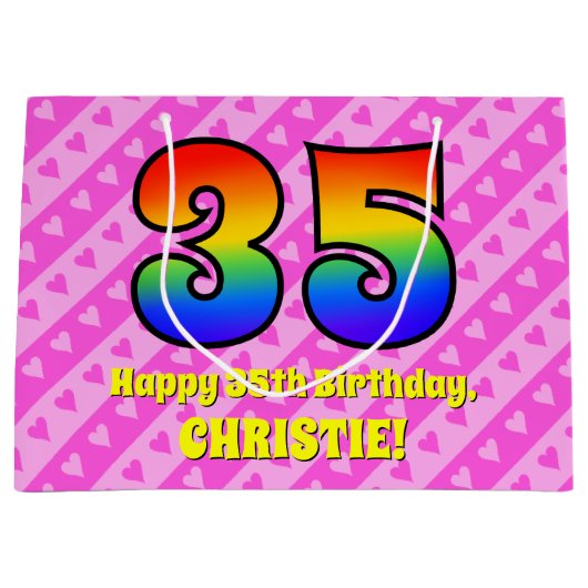 35e verjaardag: Roze strips & harten, regenboognr. Groot Cadeauzakje (Voorkant)