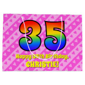 35e verjaardag: Roze strips & harten, regenboognr. Groot Cadeauzakje (Achterkant)