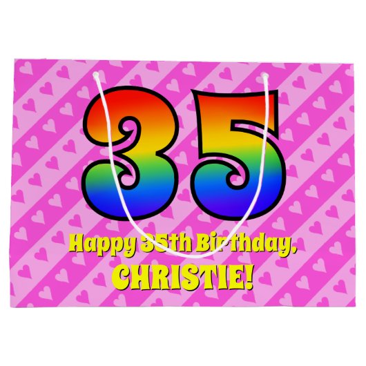 35e verjaardag: Roze strips & harten, regenboognr. Groot Cadeauzakje (Achterkant)