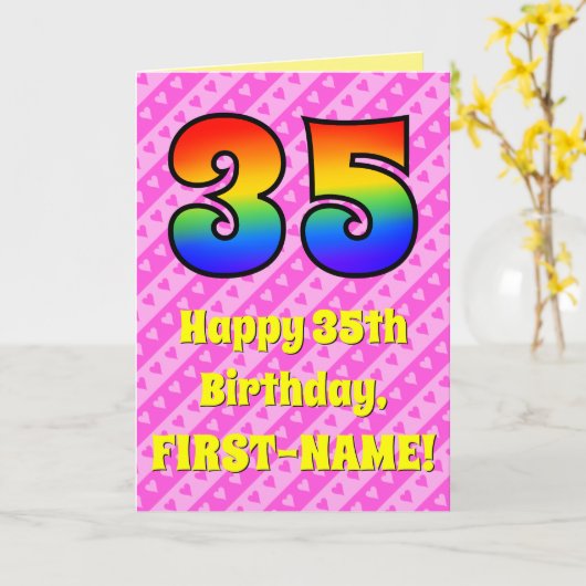 35e verjaardag: Roze strips & harten, regenboognr. Kaart (Gele Bloem)