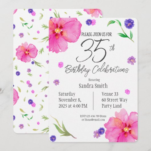 35e verjaardag Uitnodigen | Floral Waterverf Desig Kaart (Voorkant / Achterkant)
