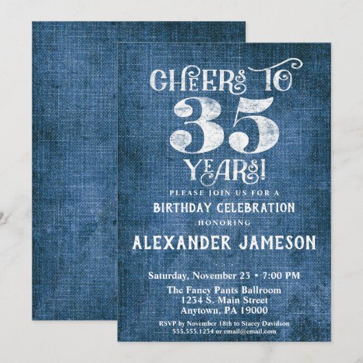 35e verjaardag Uitnodiging Blauwe linen Rustic Che (Voorkant / Achterkant)