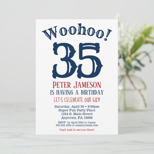 35e verjaardag uitnodiging Mannen marine Blue (Staand voorkant)