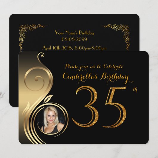 35e, Verjaardag Uitnodiging, Nummer Glitter Goud,  Kaart (Voorkant / Achterkant)