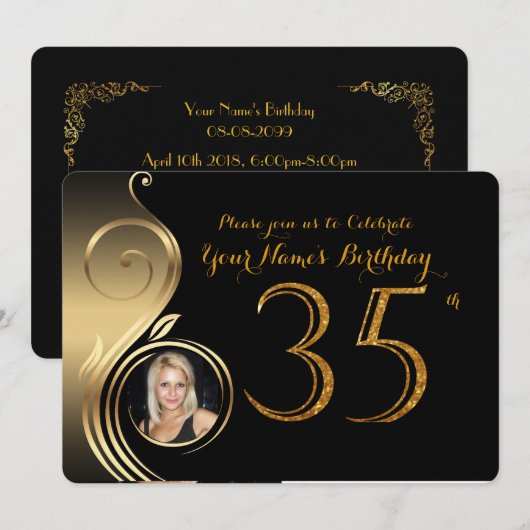 35e, Verjaardag Uitnodiging, Nummer Glitter Goud, Kaart (Voorkant / Achterkant)