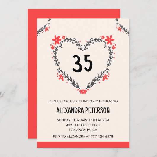 35e verjaardag Uitnodigingen Bloemenhart (Voorkant / Achterkant)