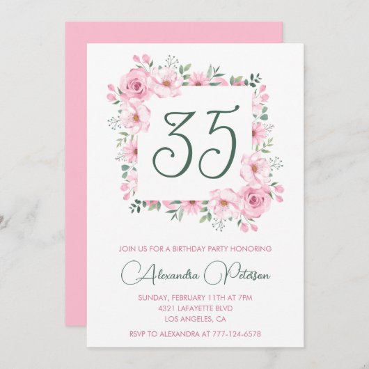 35e verjaardag uitnodigingen Floral Elegant Roze (Voorkant / Achterkant)