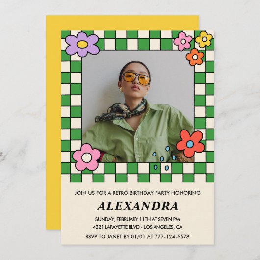 35e verjaardag uitnodigingen Retro Groovy Bloemen (Voorkant / Achterkant)