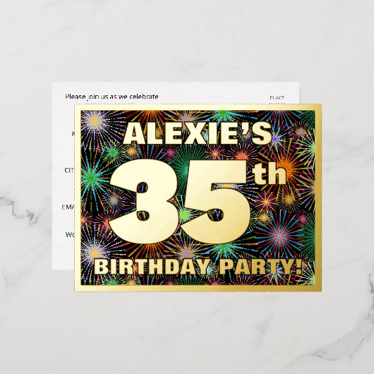 35e verjaardag: Vette, kleurrijke Fireworks-look Folie Uitnodiging Briefkaart (Voorkant / Achterkant)