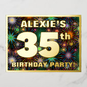 35e verjaardag: Vette, kleurrijke Fireworks-look Folie Uitnodiging Briefkaart (Voorkant)