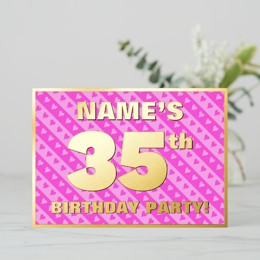 35e verjaardag - vuurroze harten en strips folie uitnodiging (Staand Voorkant)