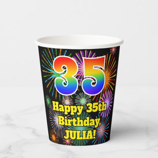 35e verjaardag: Vuurwapenpatroon en regenboog 35 Papieren Bekers (Achterkant)