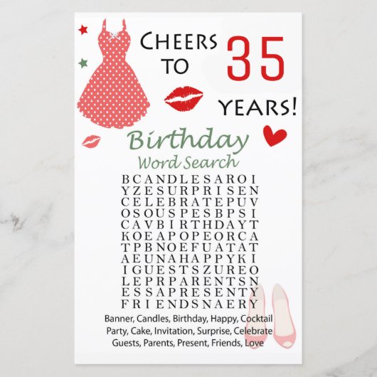 35e verjaardag Word Search Game (Voorkant)