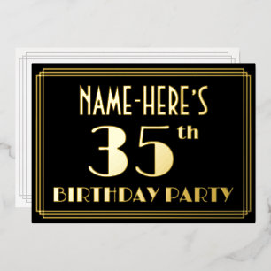 35e verjaardagsfeest: Art Deco-look “35”, met naam Folie Uitnodiging
