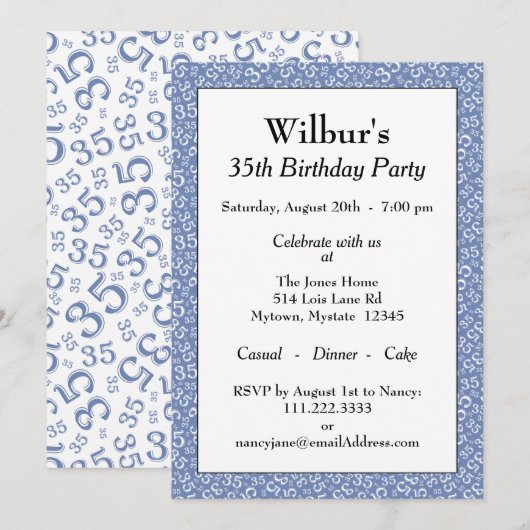 35e verjaardagsfeest thema blauw en wit patroon kaart (Voorkant / Achterkant)