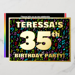 35e verpartijfeest — Leuke, kleurrijke muziek symb Folie Uitnodiging