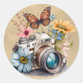 35mm Camera Kleurrijke Bloemen en Vlinder Ronde Sticker