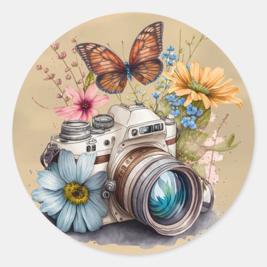 35mm Camera Kleurrijke Bloemen en Vlinder Ronde Sticker (Voorkant)