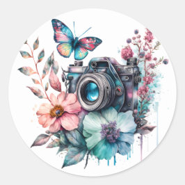 35mm Camera te midden van Bloemen en Vlinder Stick Ronde Sticker