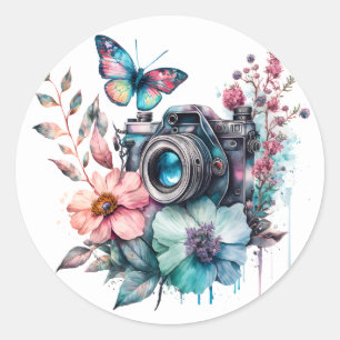 35mm Camera te midden van Bloemen en Vlinder Stick Ronde Sticker