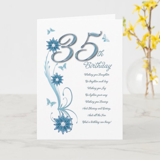 35ste verjaardag in blauwgroen met bloemen en vlin kaart (Gele Bloem)