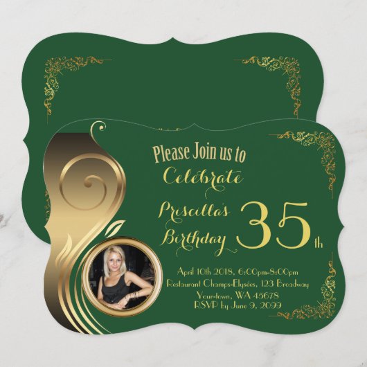 35th, any age Birthday Invitation PHOTO,Gatsby sty Kaart (Voorkant / Achterkant)