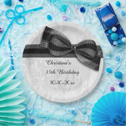 35th Birthday Black Damask en Faux Bow Papieren Bordje (Feest)