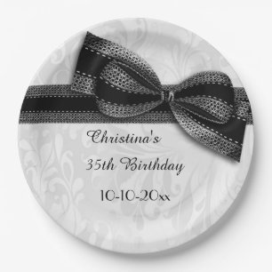 35th Birthday Black Damask en Faux Bow Papieren Bordje