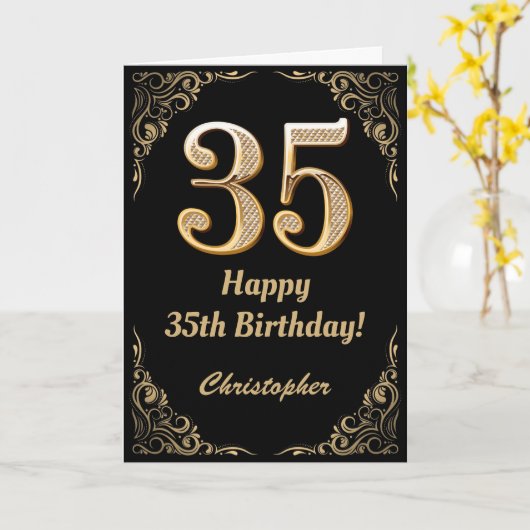 35th Birthday Black en Gold Glitter Lijst Kaart (Gele Bloem)